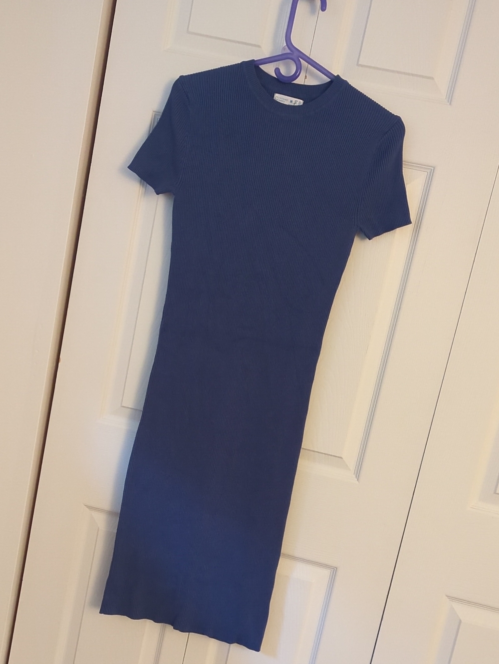 Ribbed Short-Sleeve Knit Midi Dress - Slate blue